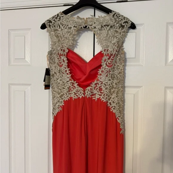 Red Maxi Evening Dress with Cream Lace Accents - Picture 2 of 5